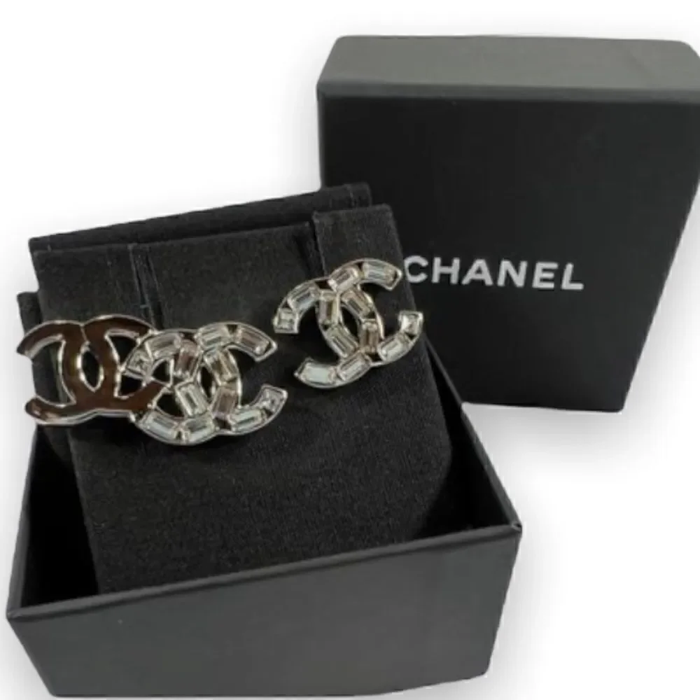 Chanel Silver Cc Logo and Crystals Studded Earrings